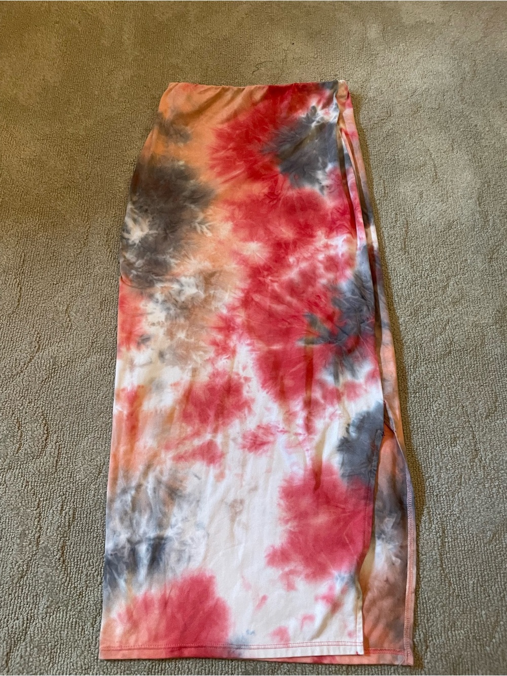 BLVD Tie-Dye Midi Skirt in Red, Gray, Peach